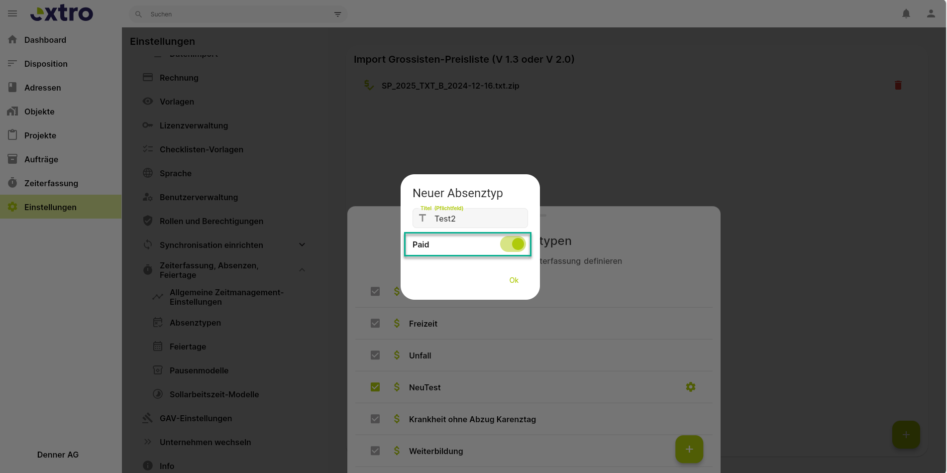 Liste mit Absenztypen wird angezeigt -> über FAB kann ein neuer Typ hinzufügt werden -> Bezeichnung eintragen -> Auswahl, ob bezahlt oder unbezahlt -> als default ist bezahlt hinterlegt -> ok klicken