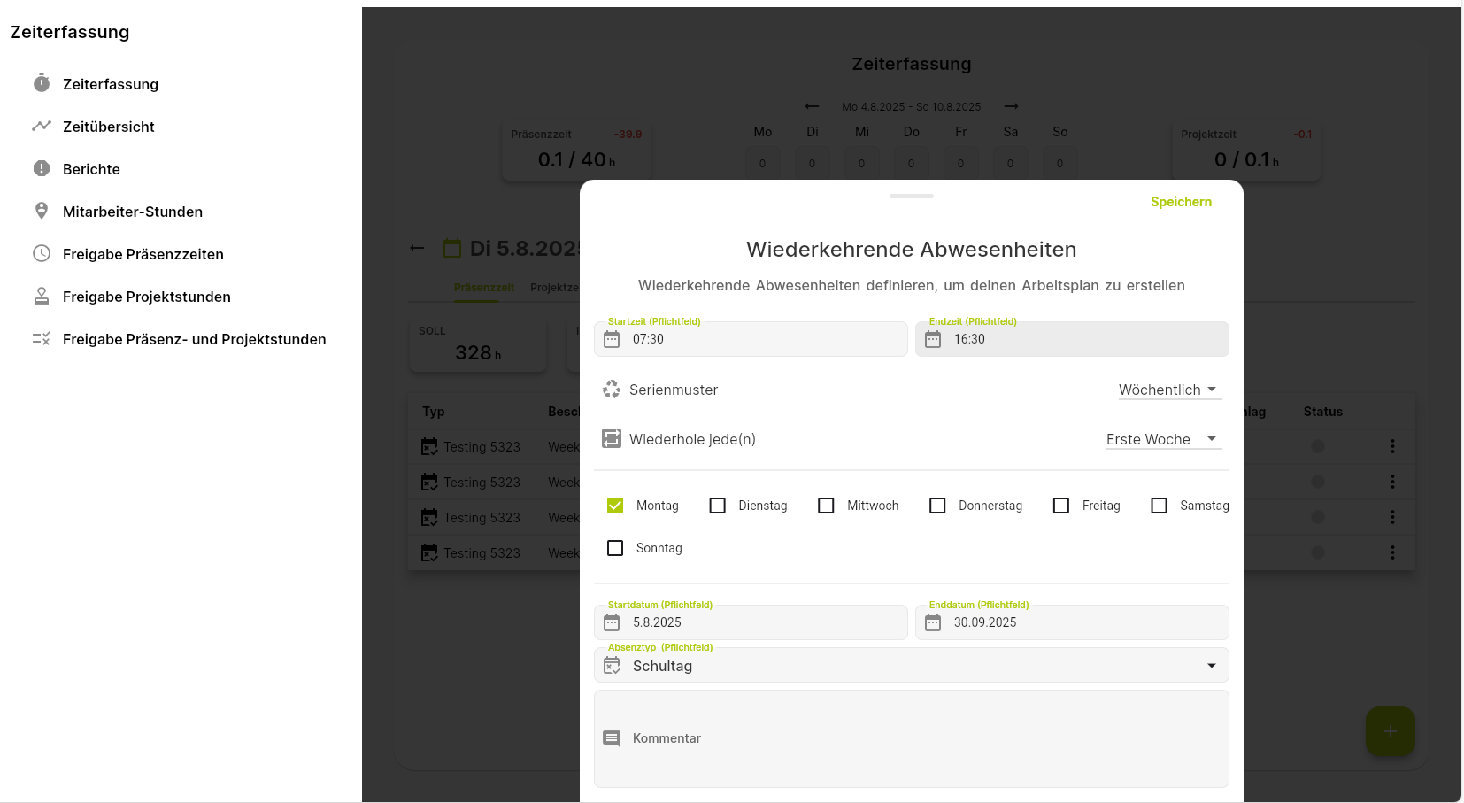 ausgefüllte Absenz -> Eintrag speichern